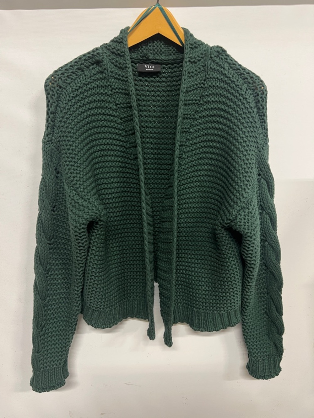 Vici Chunky Cable Knit Open Front Cardigan Dark Green Women’s M